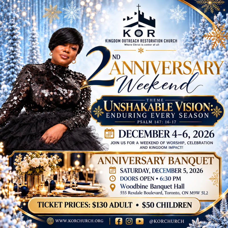 A woman in a sequined black dress stands in the foreground of a winter-themed anniversary flyer featuring a snowy blue background and event details.