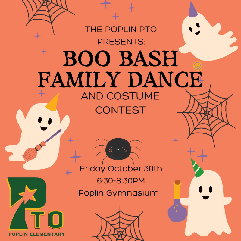 Text announcing a "Boo Bash Family Dance and Costume Contest" is centered against an orange background decorated with ghosts, spiderwebs, and a small spider.