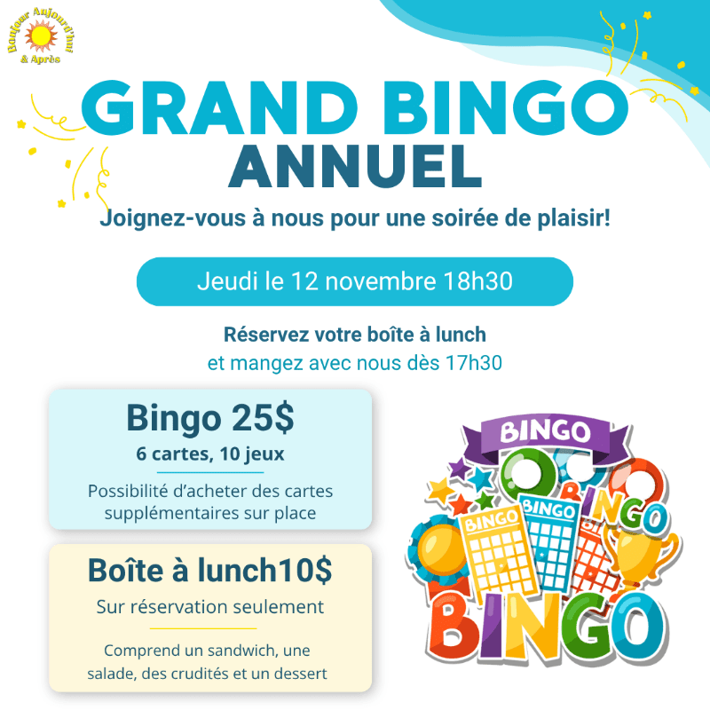 A colorful event flyer for an annual bingo night features bold blue and red text in the foreground against a white background with blue abstract swirls and yellow stars.
