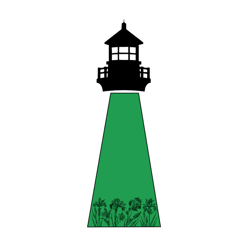 A black lighthouse silhouette sits atop a green trapezoidal base with floral sketches at the bottom, all set against a plain white background.