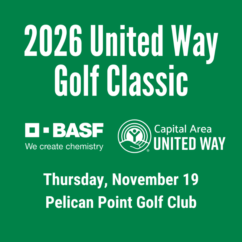 White text and corporate logos for the 2026 United Way Golf Classic are centered against a solid green background.