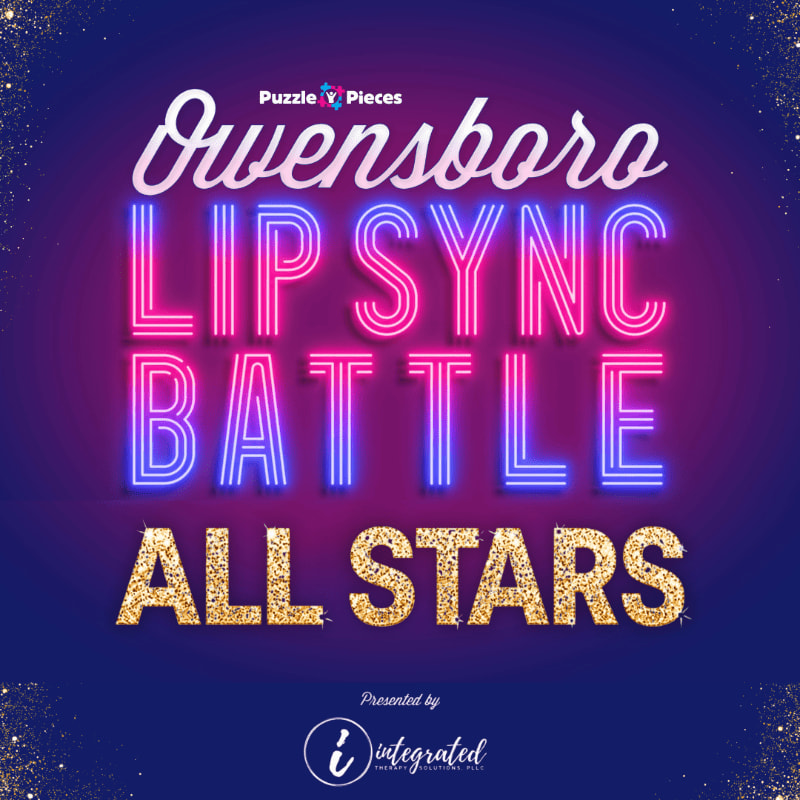 Brightly colored neon and glittery text promoting the "Owensboro Lip Sync Battle All Stars" is centered against a dark purple gradient background with gold sparkles.