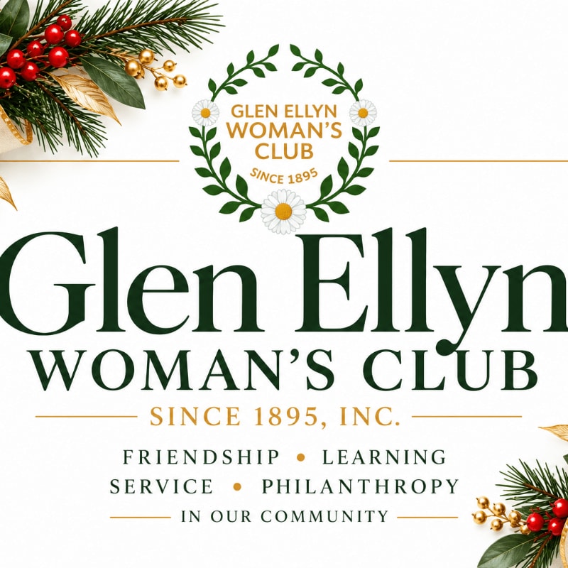 Text for the Glen Ellyn Woman's Club is centered on a white background, framed by festive evergreen branches and red berries in the corners.