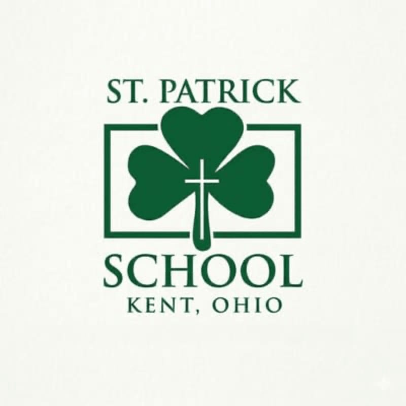 A green logo for St. Patrick School in Kent, Ohio, featuring a shamrock with a cross, set against a plain white background.