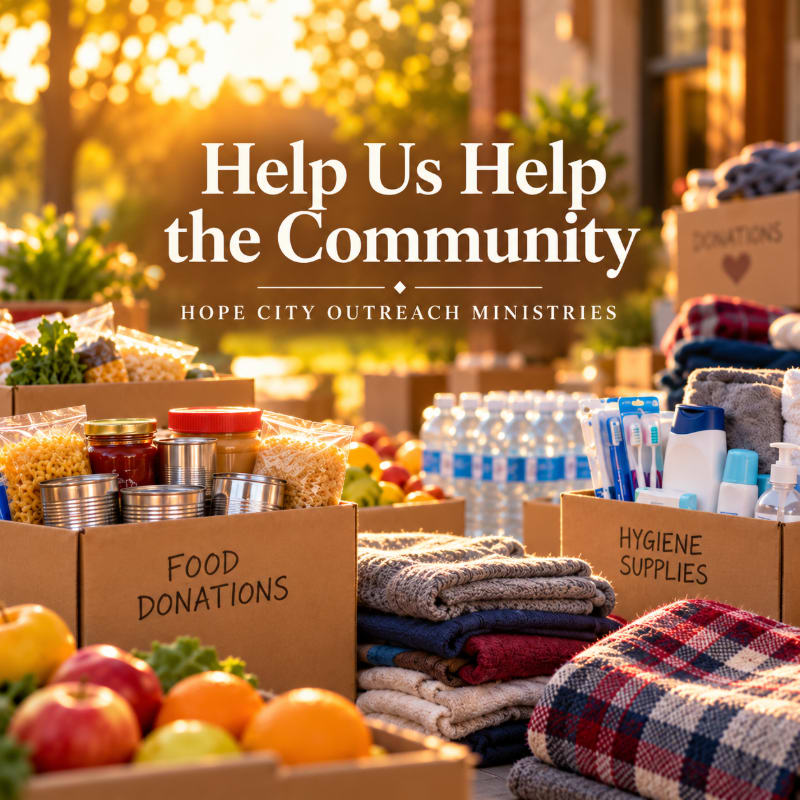 Boxes of food, hygiene supplies, and folded blankets sit in the foreground under a text overlay, with a sunlit outdoor background.
