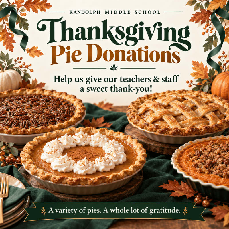 Several varieties of pies sit in the foreground on a dark green cloth, with autumn leaves and pumpkins decorating the background behind a "Thanksgiving Pie Donations" announcement.
