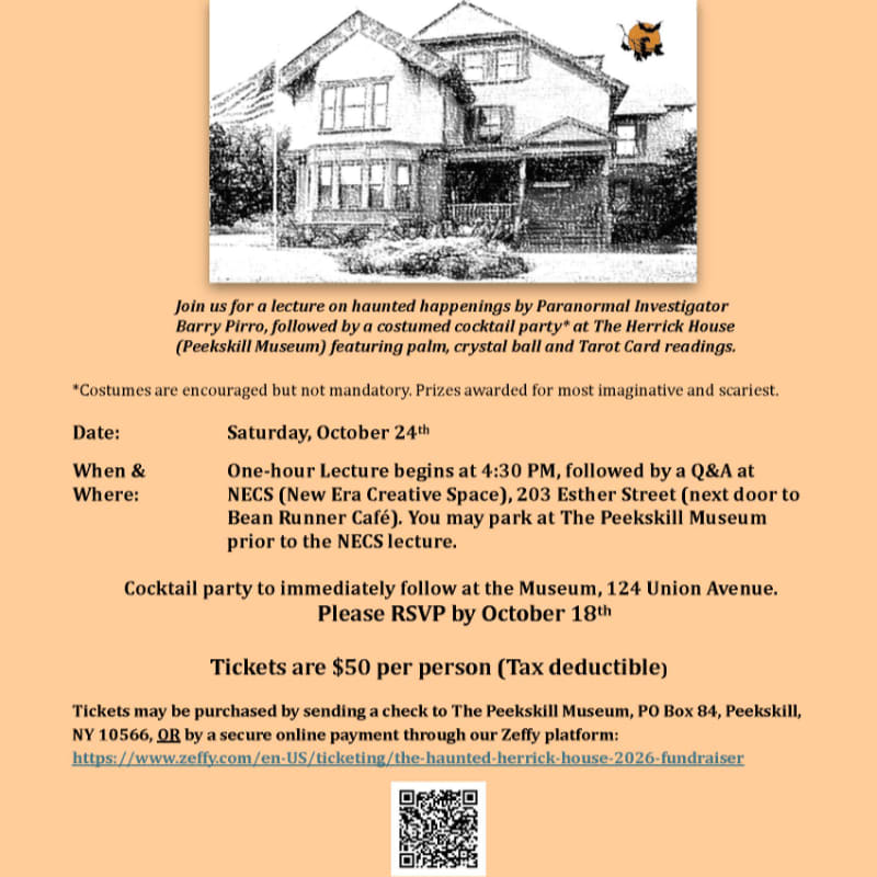 A black and white sketch of a large house with a small bat in the sky sits above event text on a light orange background.