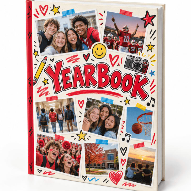 A colorful yearbook cover features a collage of student photos and doodles in the foreground against a plain white background.