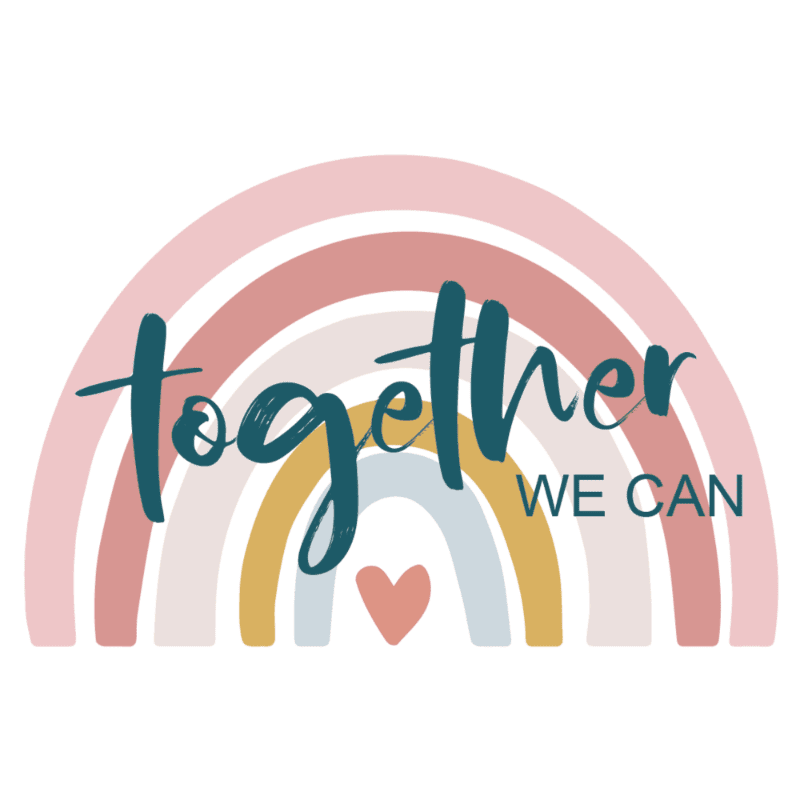 The words "together WE CAN" are written in teal script and block letters over a muted, multi-colored rainbow and a small pink heart against a plain white background.