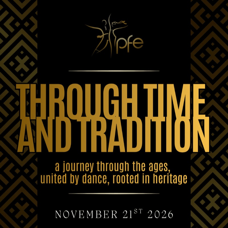 Gold text announcing "THROUGH TIME AND TRADITION" sits centered on a black background framed by geometric gold patterns.