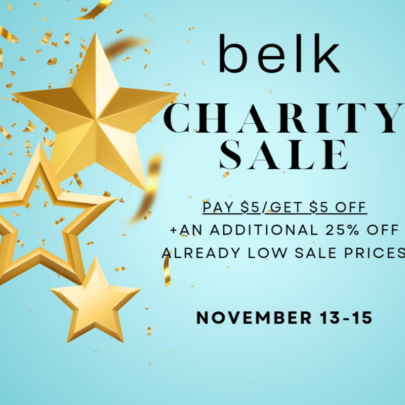 Golden stars and confetti float in the foreground against a light blue background featuring text for a Belk Charity Sale.