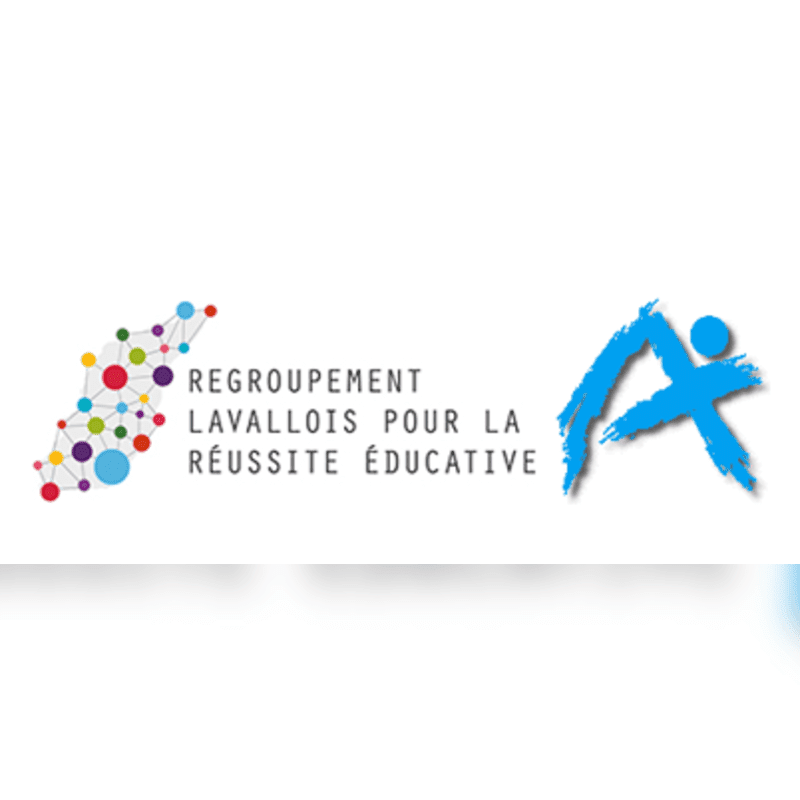 A colorful network graphic, text reading "REGROUPEMENT LAVALLOIS POUR LA RÉUSSITE ÉDUCATIVE," and a blue stylized figure are set against a plain white background.