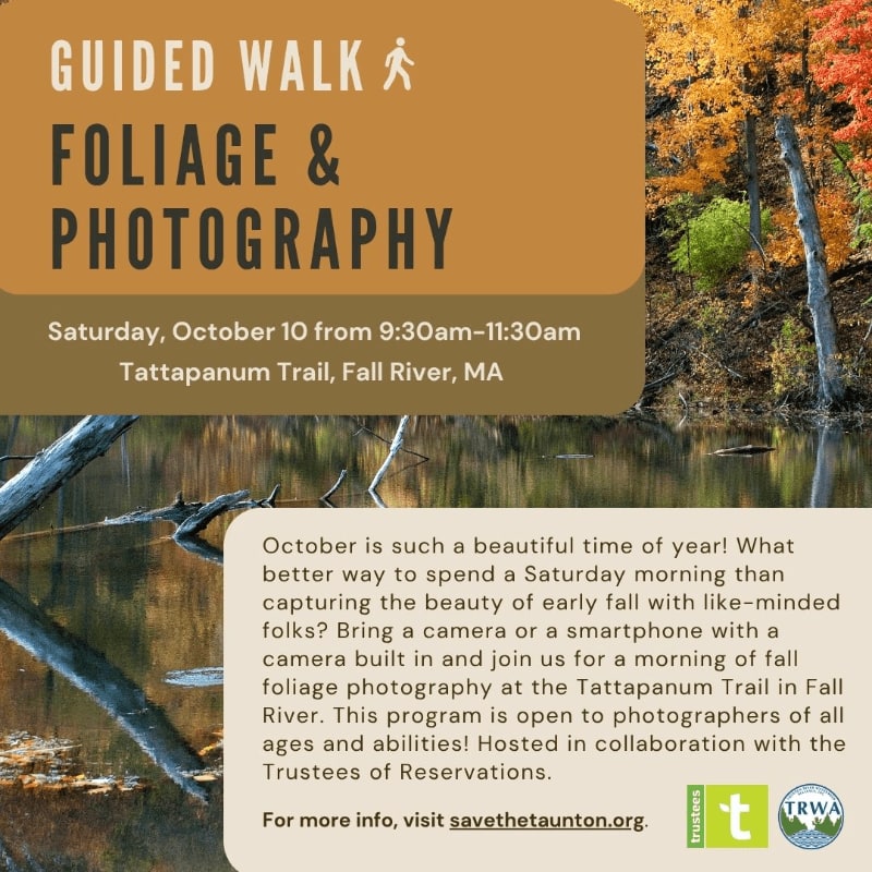 An informational flyer for a guided foliage and photography walk features text overlays in the foreground against a background of autumn trees and a reflective river.