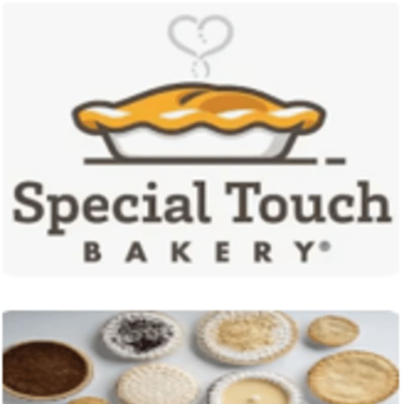 A "Special Touch Bakery" logo featuring a golden pie with a heart-shaped steam cloud sits above a collection of various baked pies.