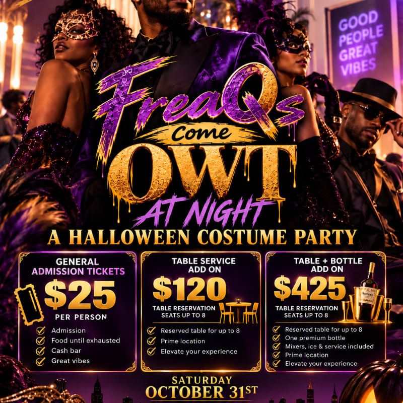 A promotional flyer for a Halloween costume party features masqueraded partygoers in the background and ticket pricing options in the foreground.