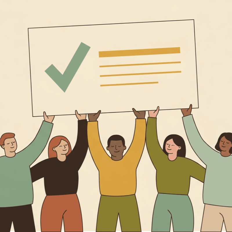 Five diverse people stand in the foreground holding up a large white sign with a green checkmark against a plain beige background.