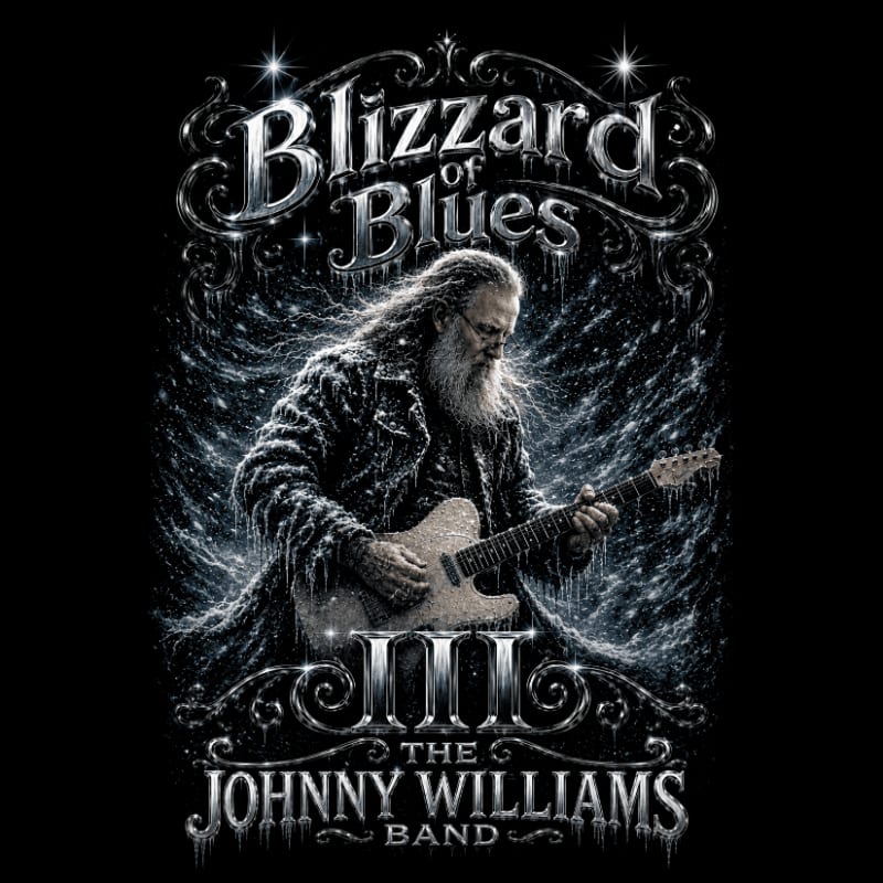 A bearded man plays an electric guitar in the foreground against a dark, snowy background framed by ornate silver text.