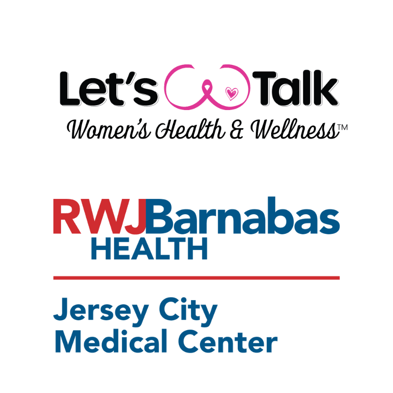 Logos for "Let's Talk Women's Health & Wellness," "RWJBarnabas Health," and "Jersey City Medical Center" are centered against a plain white background.