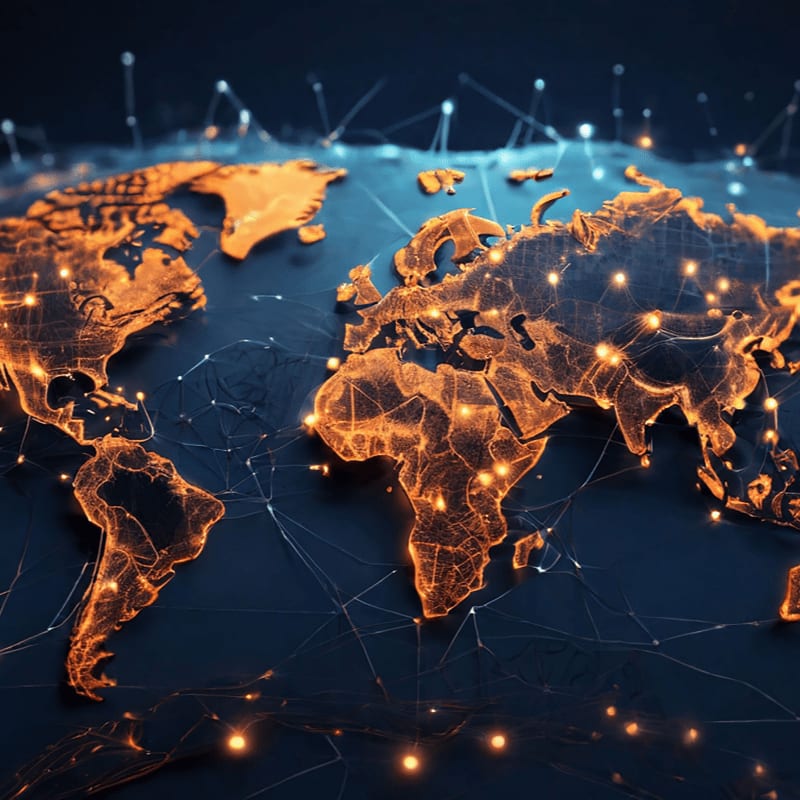 Glowing orange continents of a world map are connected by a network of shimmering white lines and dots against a dark blue background.