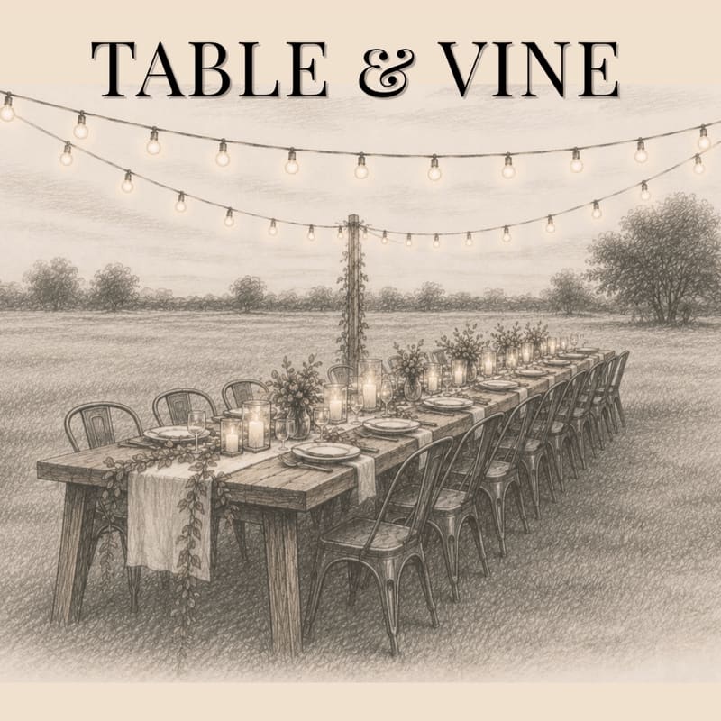 A long, decorated dining table with chairs sits in an open field under hanging string lights and a distant line of trees.