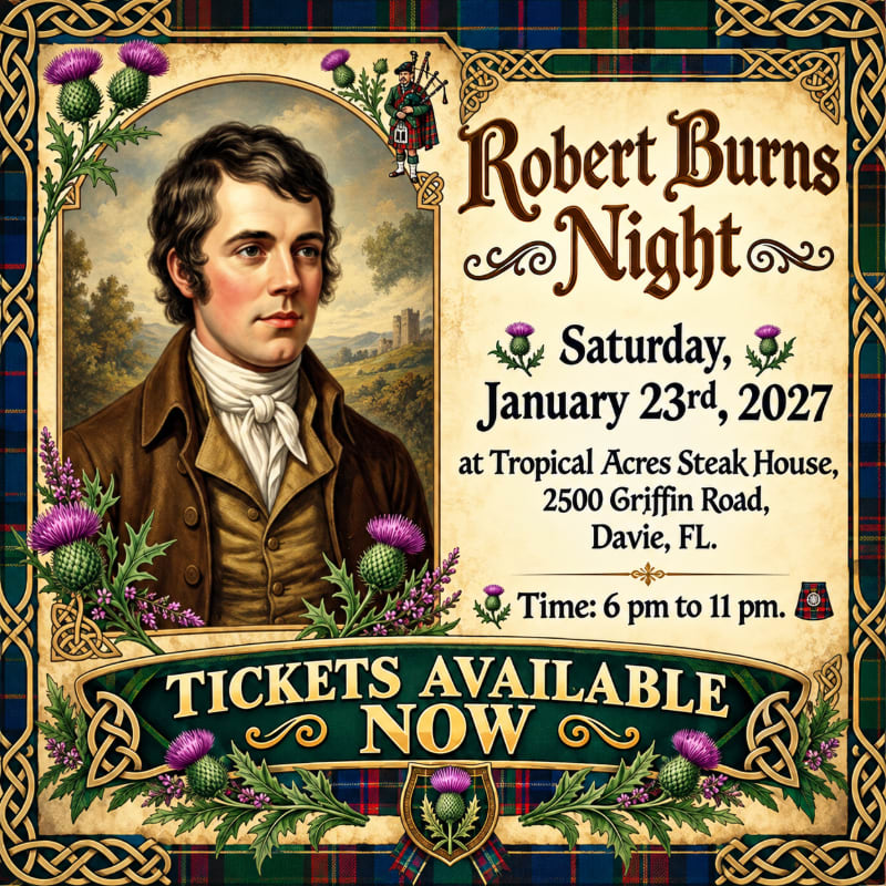A portrait of Robert Burns and event details for "Robert Burns Night" are framed by a Celtic knot border and purple thistles against a plaid background.
