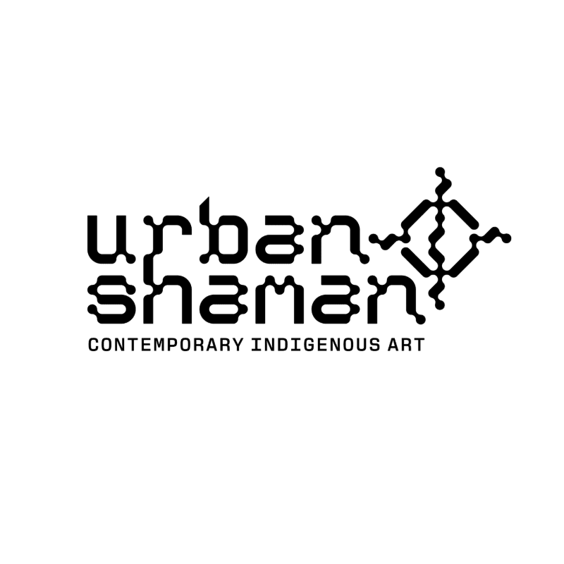 Black stylized text reading "urban shaman" and "CONTEMPORARY INDIGENOUS ART" sits against a plain white background.