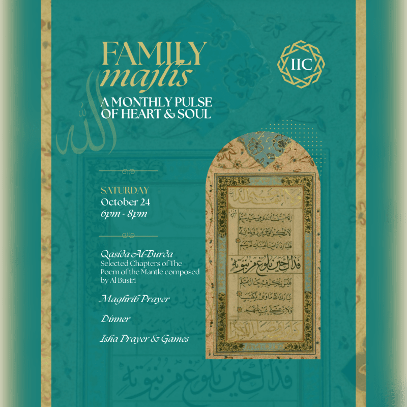 Gold and white event text for "Family Majlis" sits in the foreground against a teal background featuring Islamic geometric patterns and an arched illustration of Arabic calligraphy.