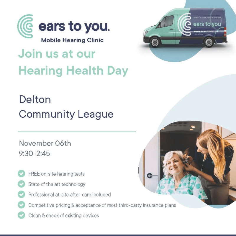An advertisement for a mobile hearing clinic features a teal van and a professional assisting a patient, set against a clean white and light blue background.