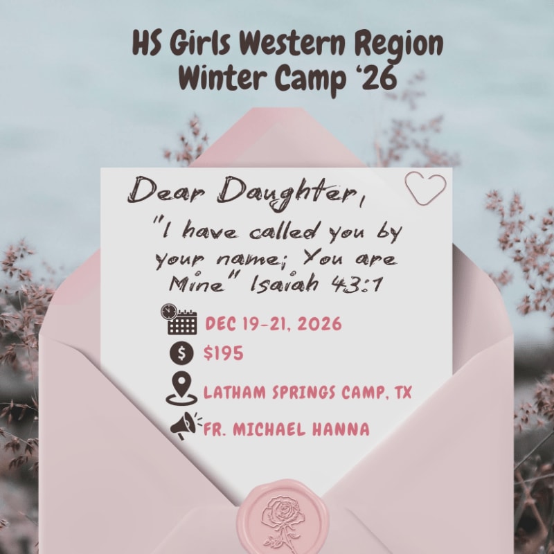 An invitation for the HS Girls Western Region Winter Camp '26 sits inside a pink envelope against a soft, blurred floral background.