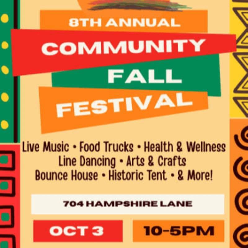 Colorful text announcing the 8th Annual Community Fall Festival is set against a light orange background with decorative patterned borders.