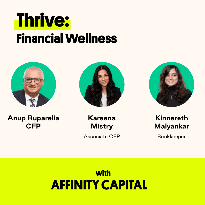 Three professional headshots of financial experts are centered against a light background, with bold text above and a bright yellow banner below.