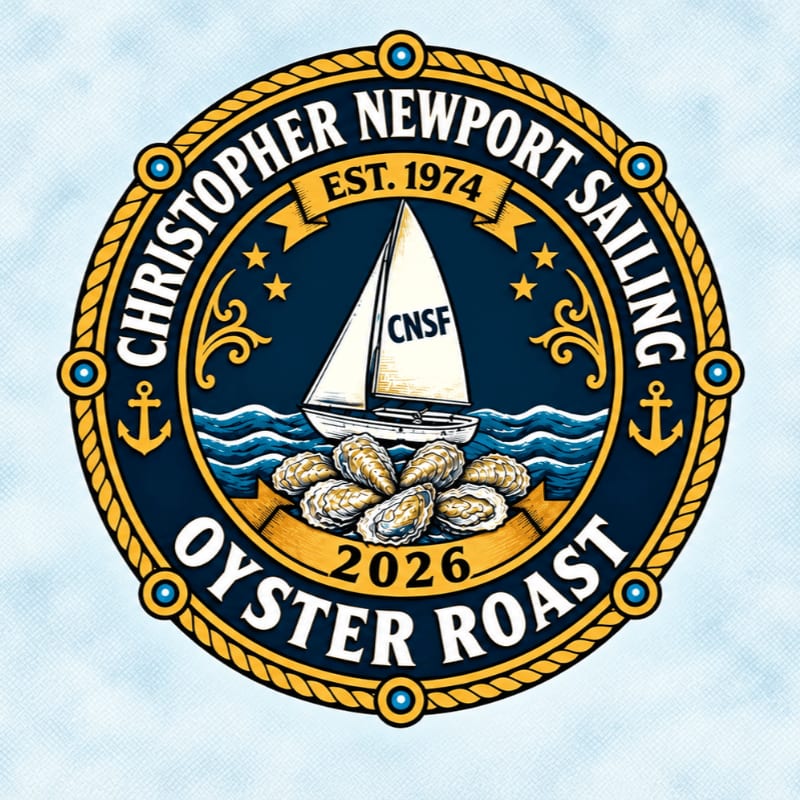 A circular logo featuring a sailboat and a pile of oysters in the foreground against a dark blue background, all enclosed by a golden rope border with text.