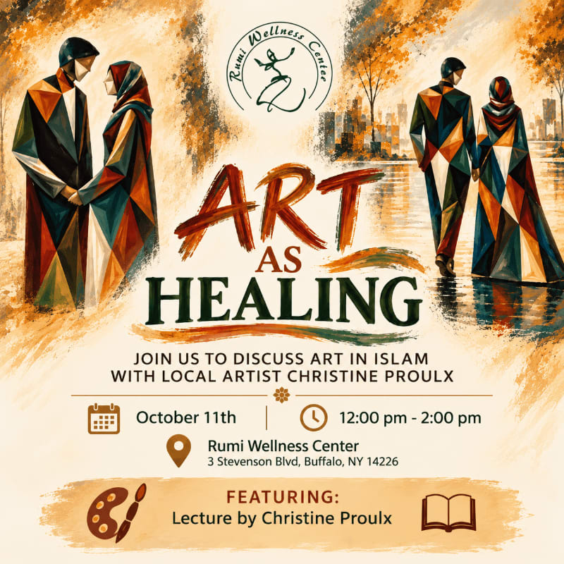 Stylized, geometric figures of a couple stand in the foreground of an event flyer, set against a warm, painterly city background.