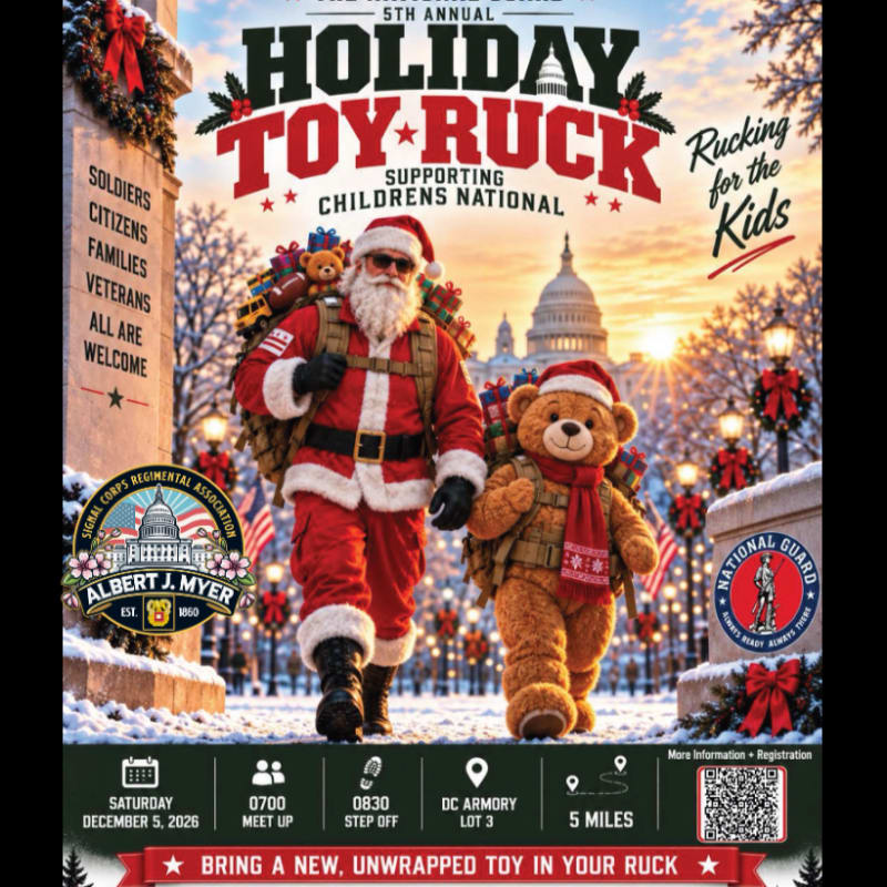 Santa Claus and a teddy bear, both wearing rucksacks filled with toys, walk down a snowy street toward the U.S. Capitol building under a golden sunset.