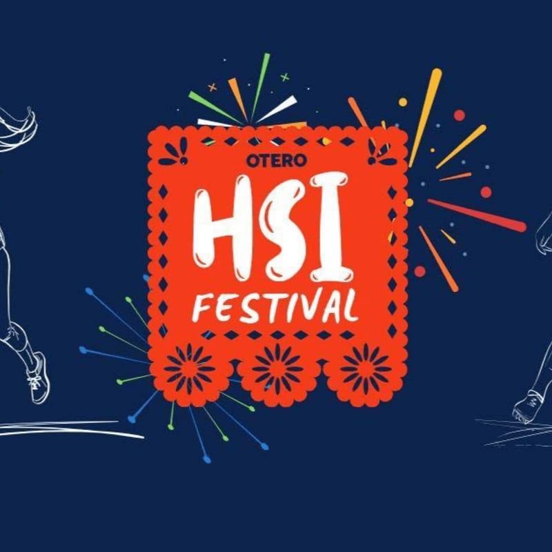 A red decorative ticket for the Otero HSI Festival sits in the foreground against a dark blue background featuring colorful bursts and white line art of dancing figures.