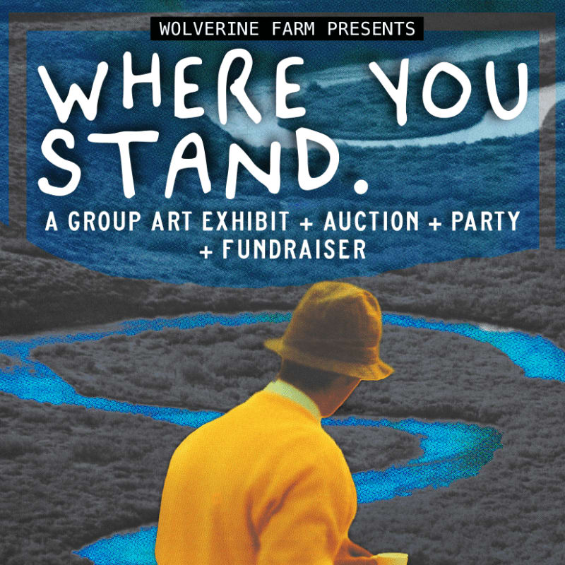 A man in a yellow shirt and brown hat stands in the foreground against a surreal background of blue swirling patterns and event text.