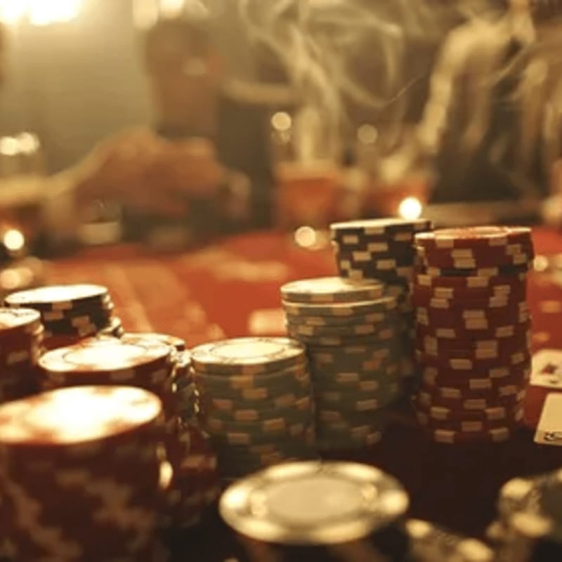 Stacks of colorful casino chips sit in the foreground against a blurred background of a dimly lit room with swirling smoke.