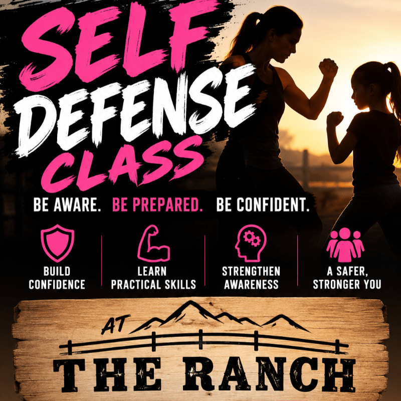 A woman and a young girl practice self-defense in the foreground against a sunset background, overlaid with promotional text for a class at The Ranch.