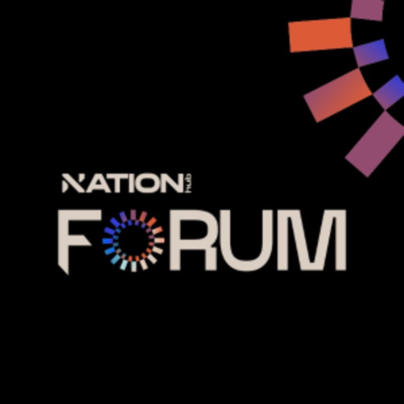 The text "NATION hub FORUM" with a colorful circular graphic is centered in the foreground against a solid black background with a large, abstract colorful shape in the upper right corner.