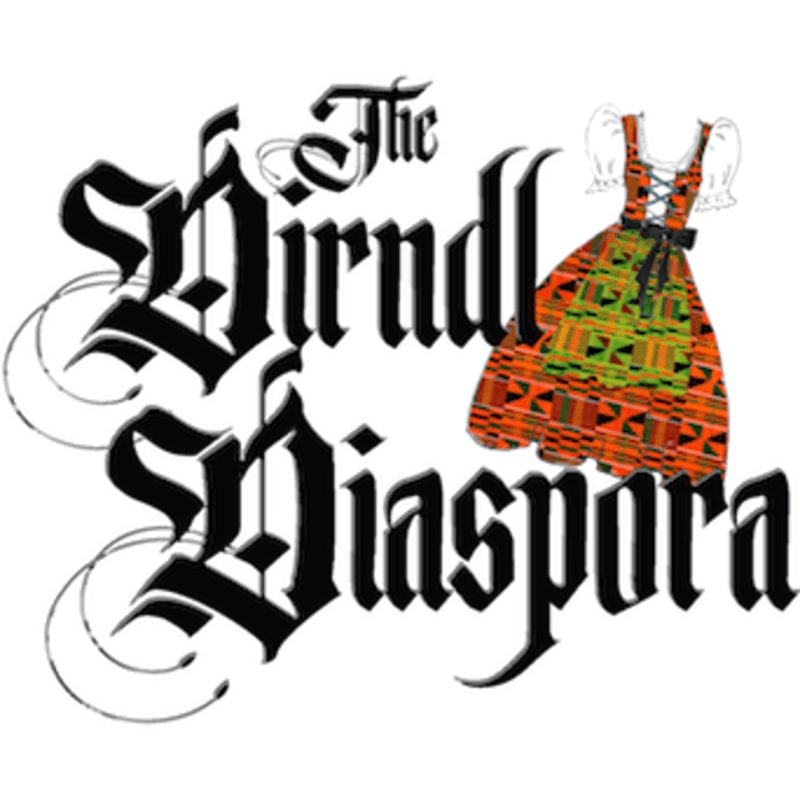 Black gothic text reading "The Dirndl Diaspora" and a colorful traditional dress are set against a plain white background.