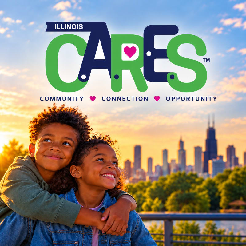 Two smiling children hug in the foreground against a backdrop of a city skyline and a blue sky featuring the "Illinois CARES" logo.