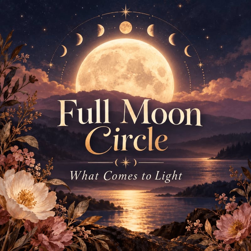 Floral blooms frame the foreground of a moonlit lake scene, with a massive full moon and lunar phases arching over distant mountains under a starry night sky.
