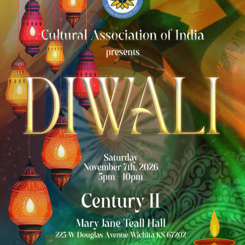 Golden "DIWALI" text and colorful hanging lanterns occupy the foreground against a vibrant, swirling green and orange abstract background.