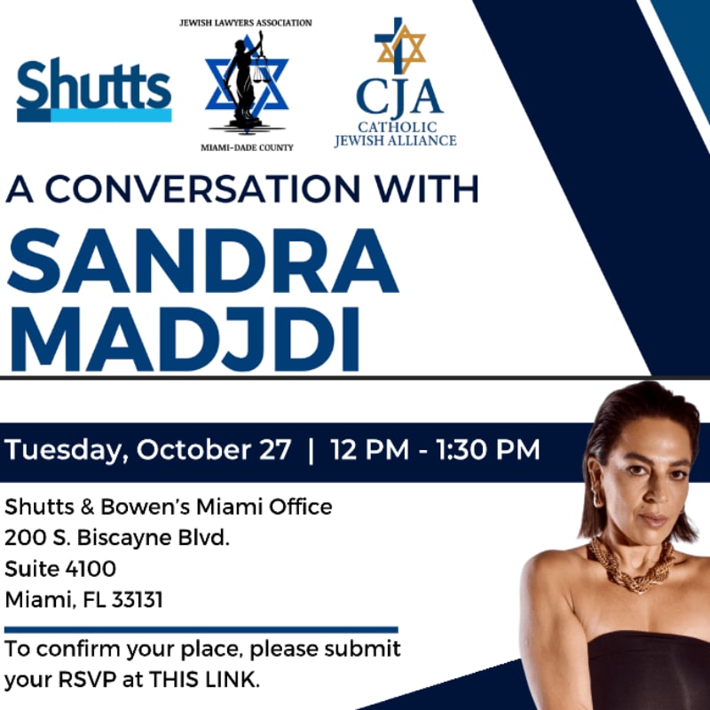 An event flyer featuring text and logos in the foreground against a white and dark blue background, with a portrait of Sandra Madjdi on the right.