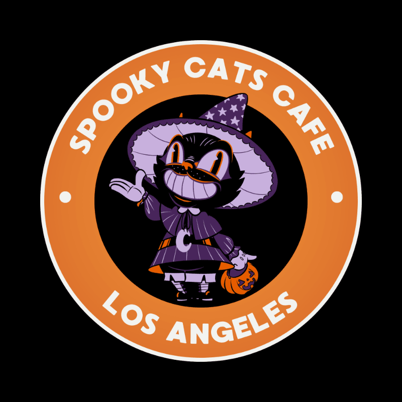 A cartoon black cat dressed as a witch stands in the center of an orange circular logo that reads "SPOOKY CATS CAFE LOS ANGELES" against a black background.