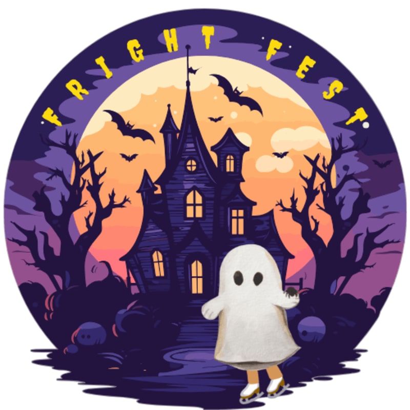 A small ghost on roller skates stands in the foreground before a spooky haunted house and a large orange moon in the background.