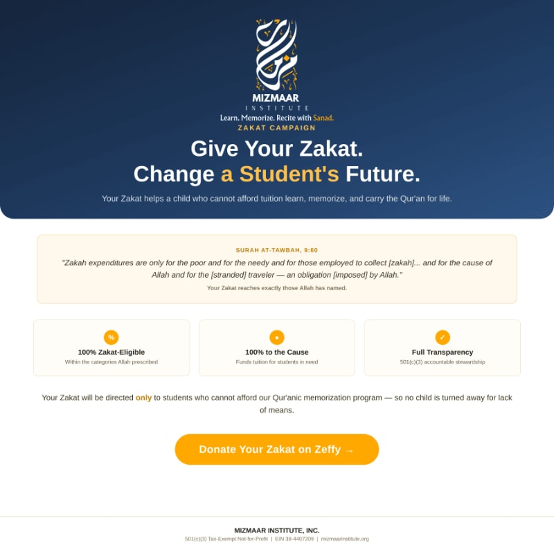 A Zakat campaign advertisement features a dark blue header with white text and a logo, above a white body containing a Quranic quote and donation details.