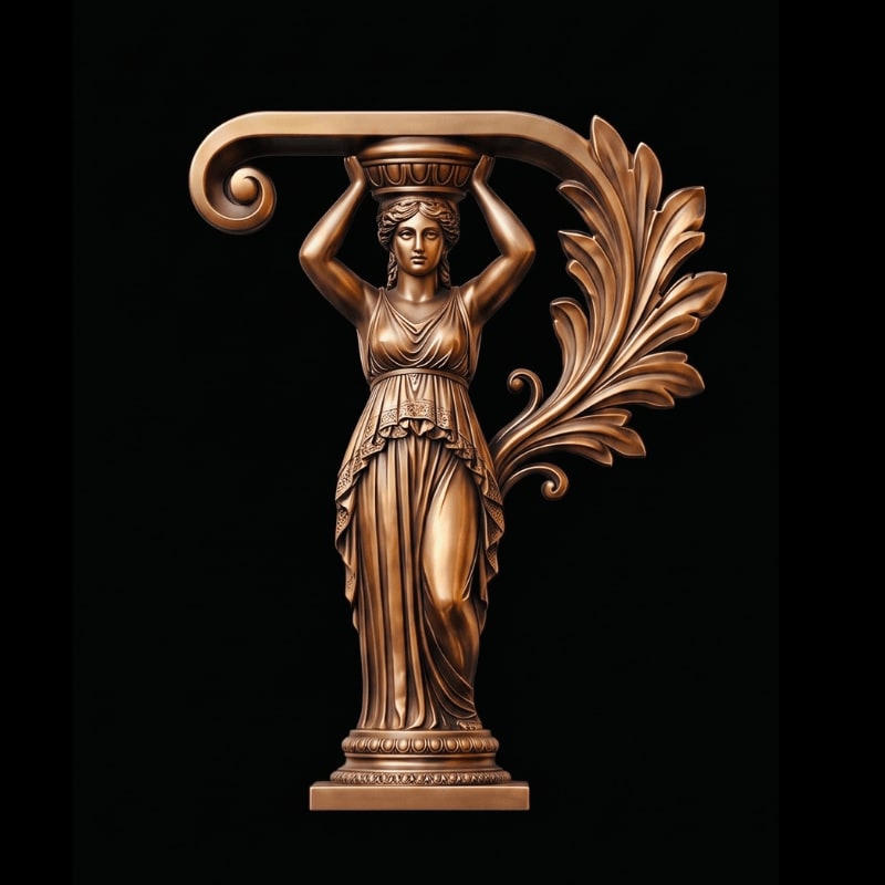 A bronze-colored sculpture of a woman holding a bowl aloft stands against a solid black background.