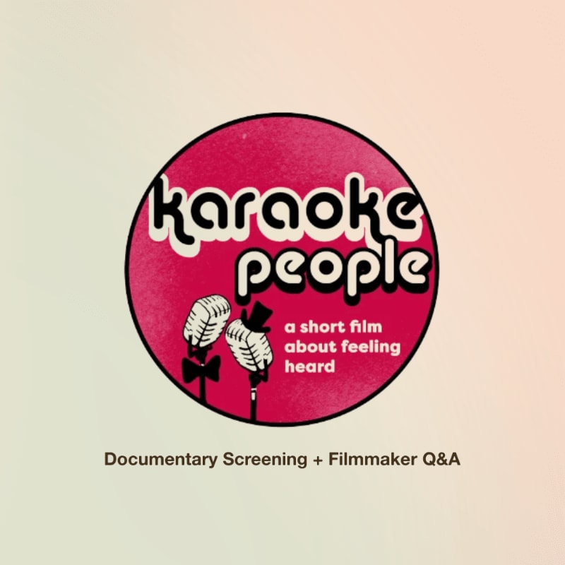 A pink circular logo with the text "karaoke people" and two microphones sits centered against a soft, gradient beige background.