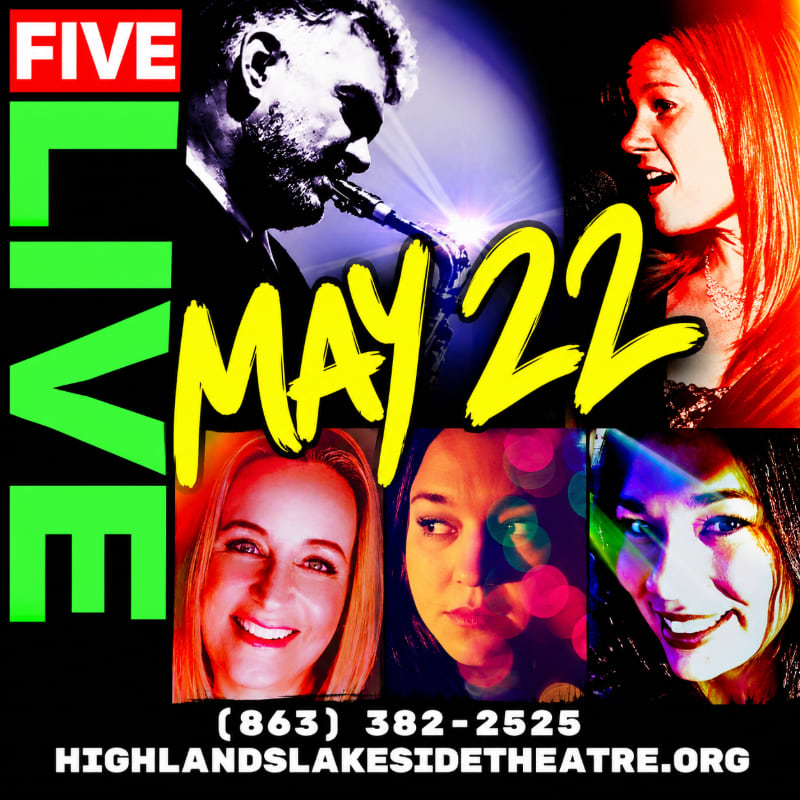 Yellow text reading "MAY 22" and a green "LIVE" banner overlay a collage of five musicians against a black background with contact information at the bottom.